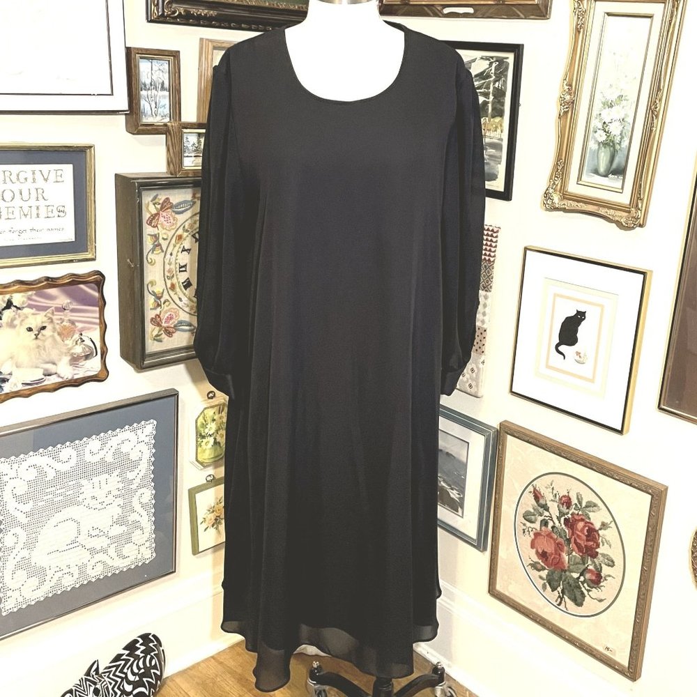 80s Vintage New Looks California Black A-Line Scoop Neck Long Sleeve Dress 18WP